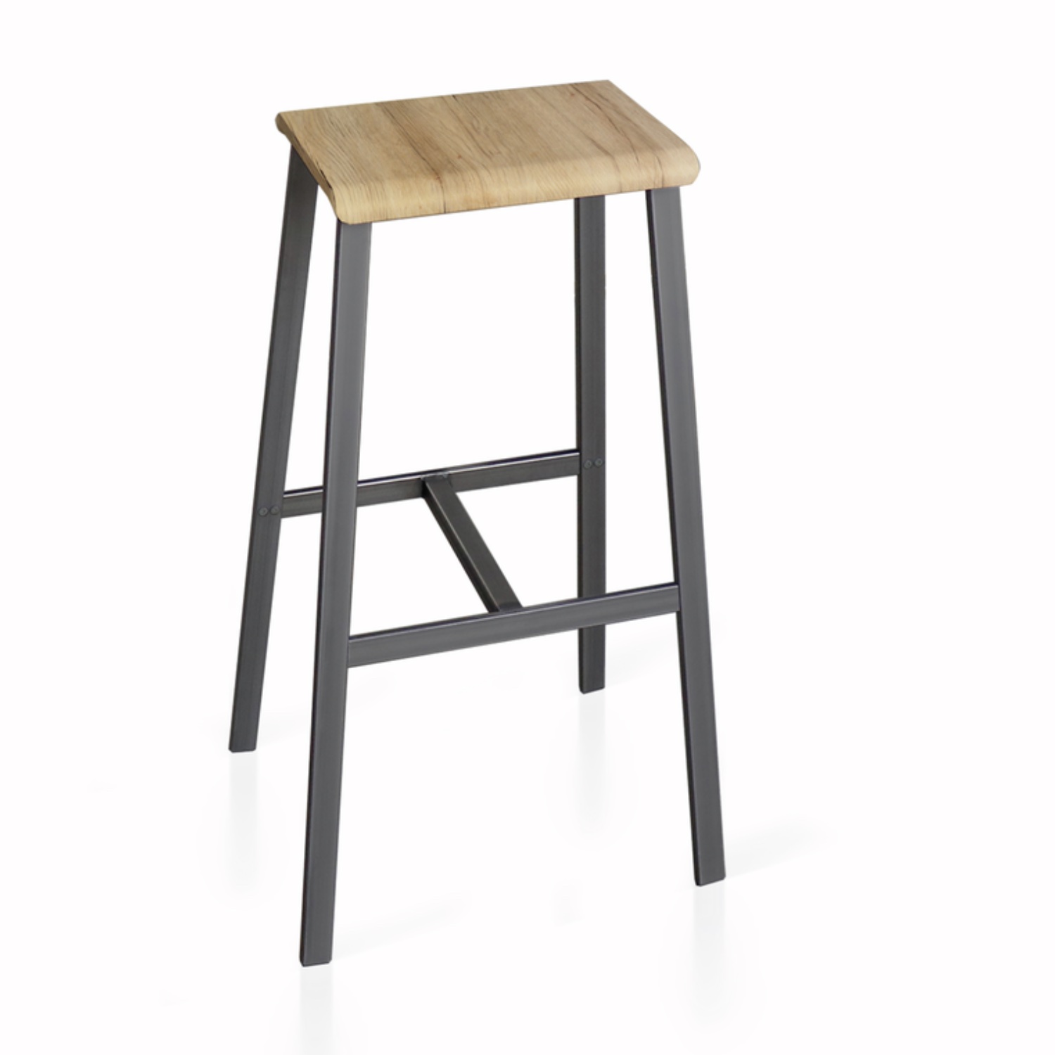 EXH Barhocker SH77 mit Sitz Eiche furniert und Gestell in Rohstahl (2er Set)