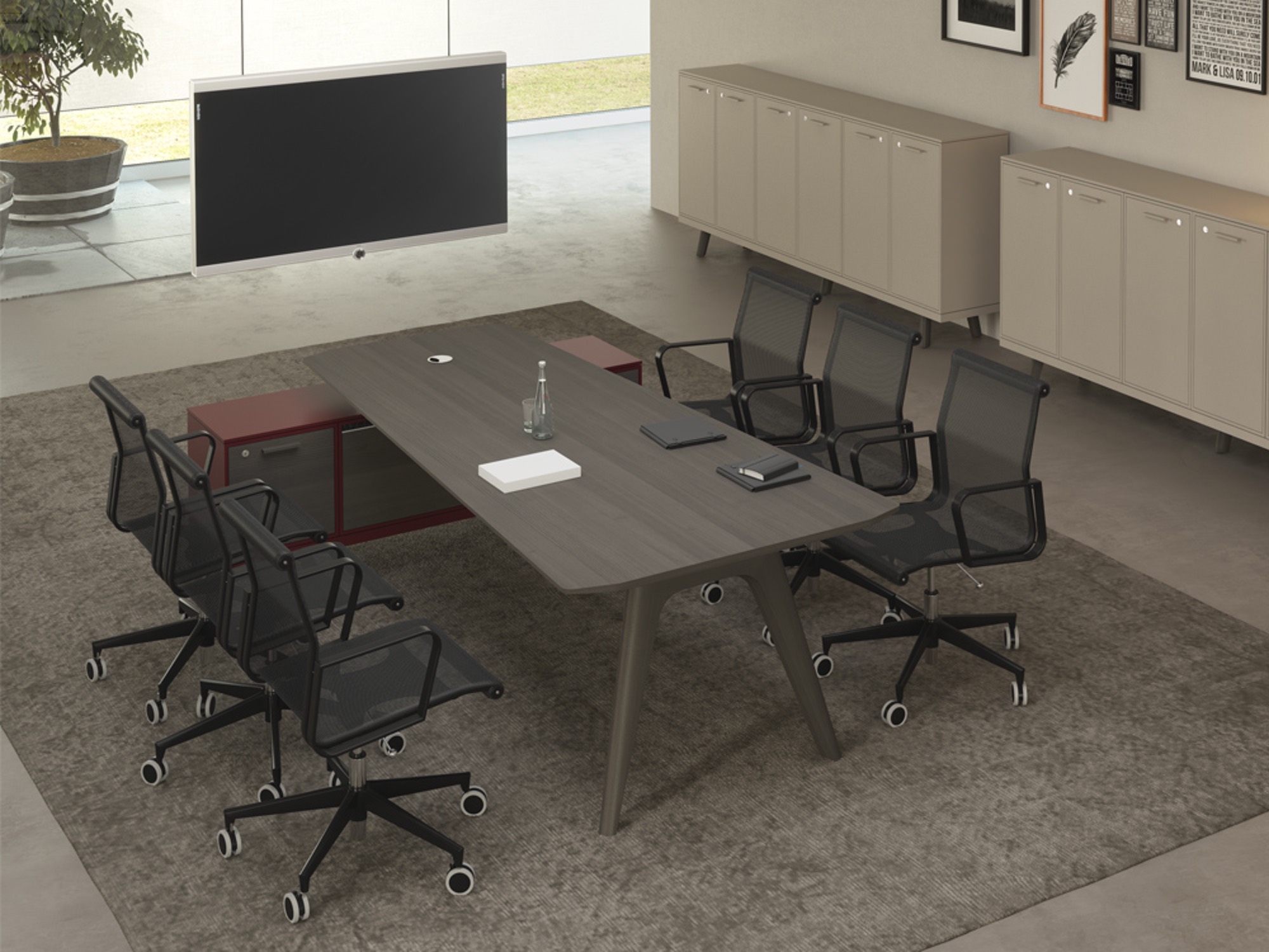 Bralco RAIL Meeting-Point mit Holztisch in Eiche furniert und Sideboard