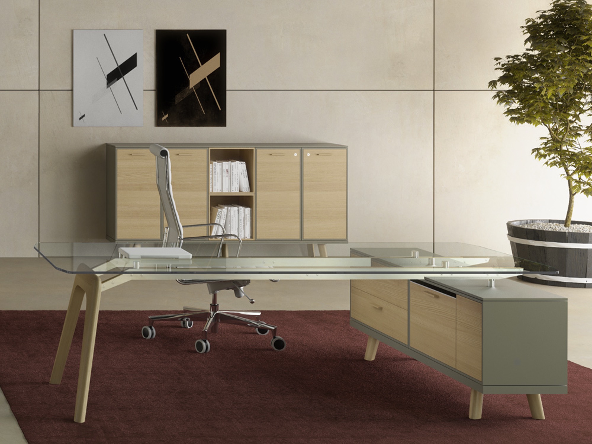 Bralco RAIL Executive Schreibtisch mit Sideboard und Glasplatte