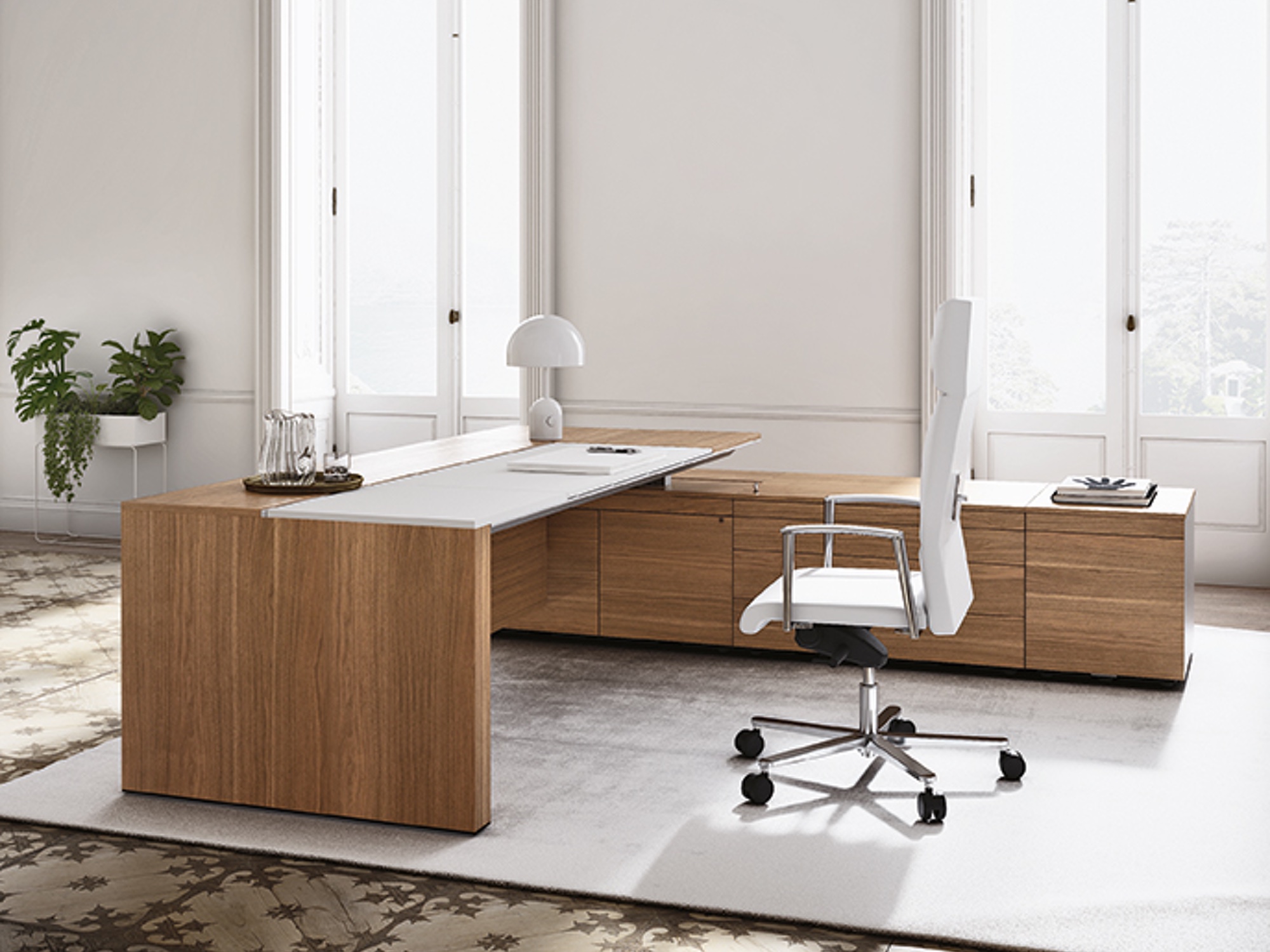 Frezza ONO Luxus- Schreibtisch mit Sideboard und Arbeitsfläche in Leder