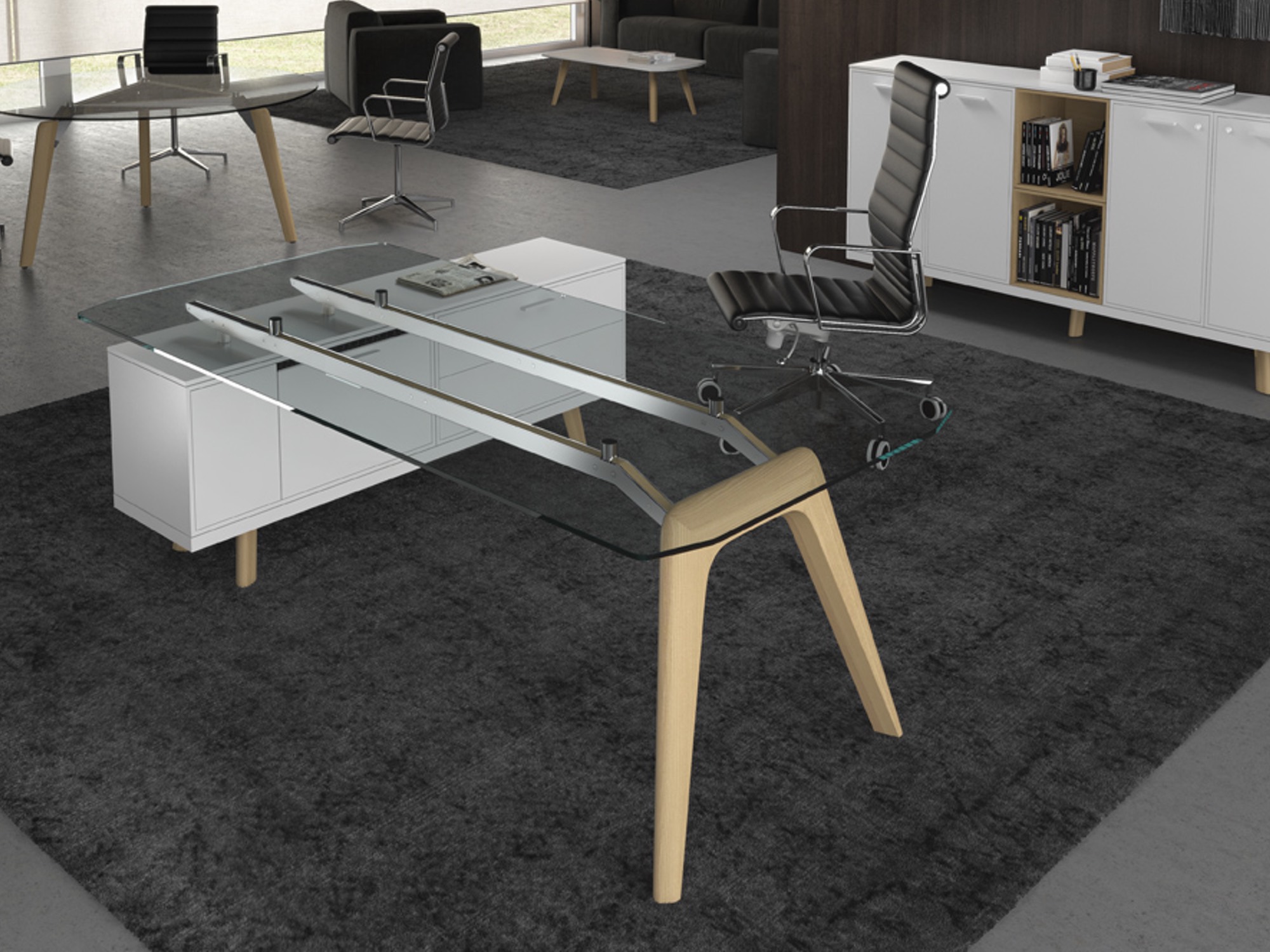Bralco RAIL Executive Schreibtisch mit Sideboard und Glasplatte