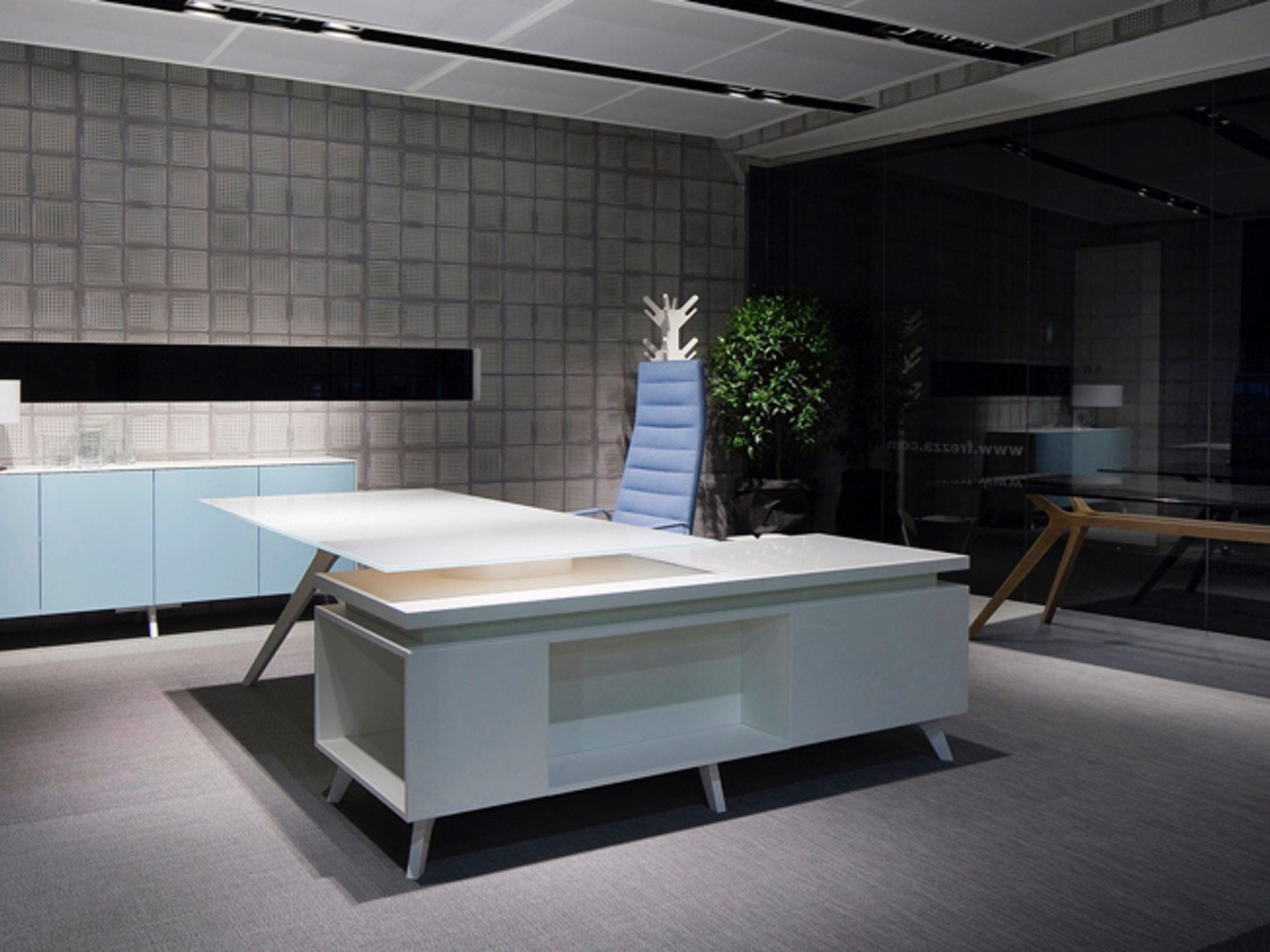 frezza DR Executive Schreibtisch mit Sideboard weiß und Glasplatte