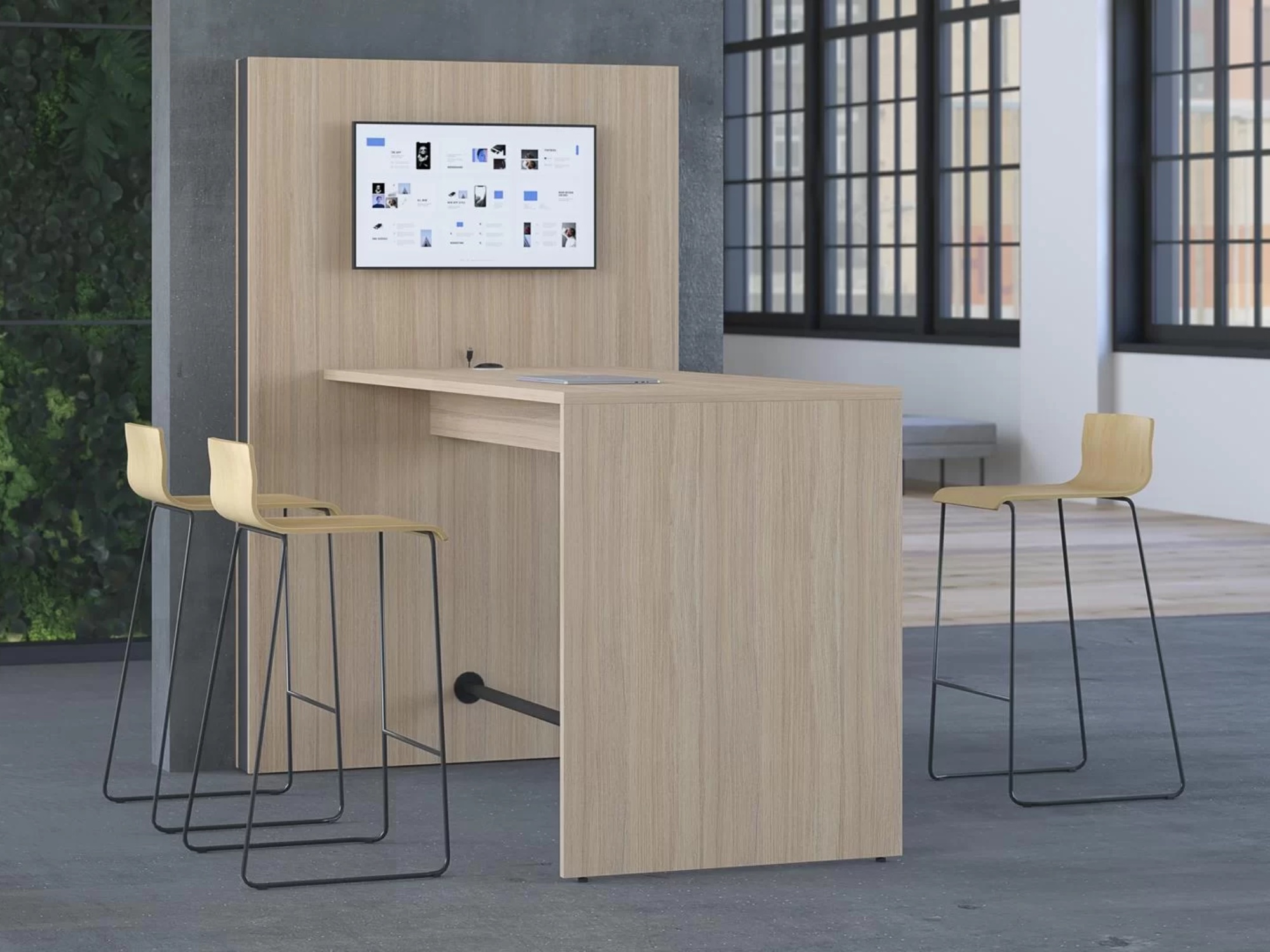 MediaWall mit Stehtisch aus Melamin / Holz als Meeting-Point für Schulungen