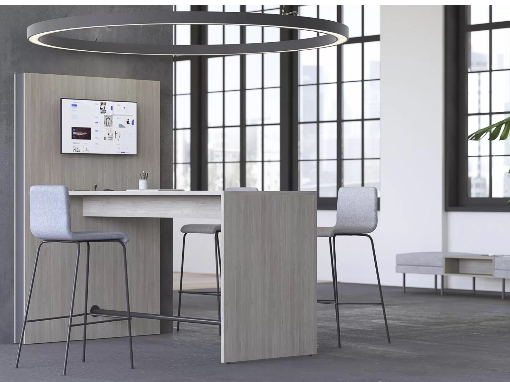 Hochtisch mit TV-Wand als Media Wall für Monitor