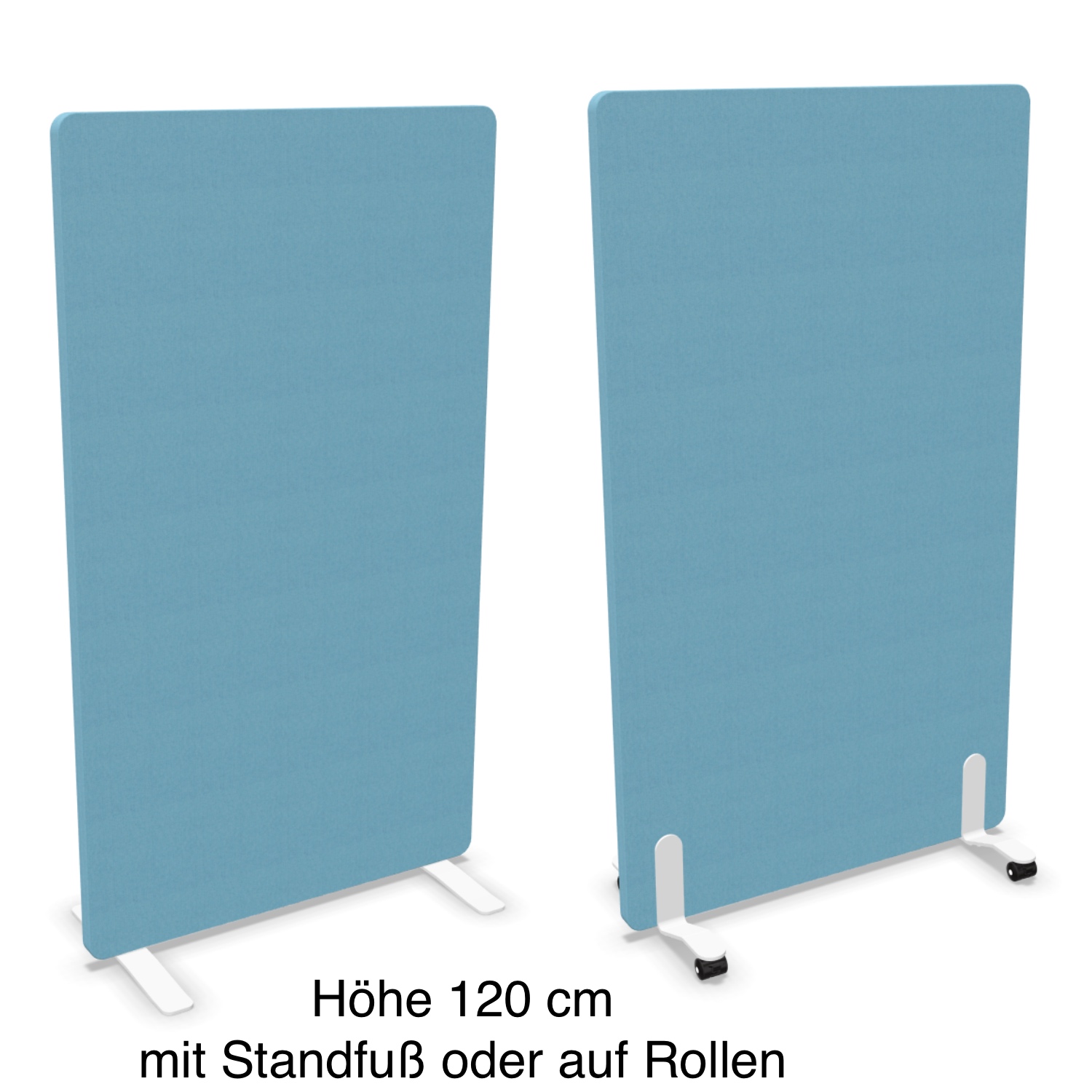 Vario Stellwand 120 cm auf Standfuß oder Rollen gepolstert in Stoff mit runden Ecken