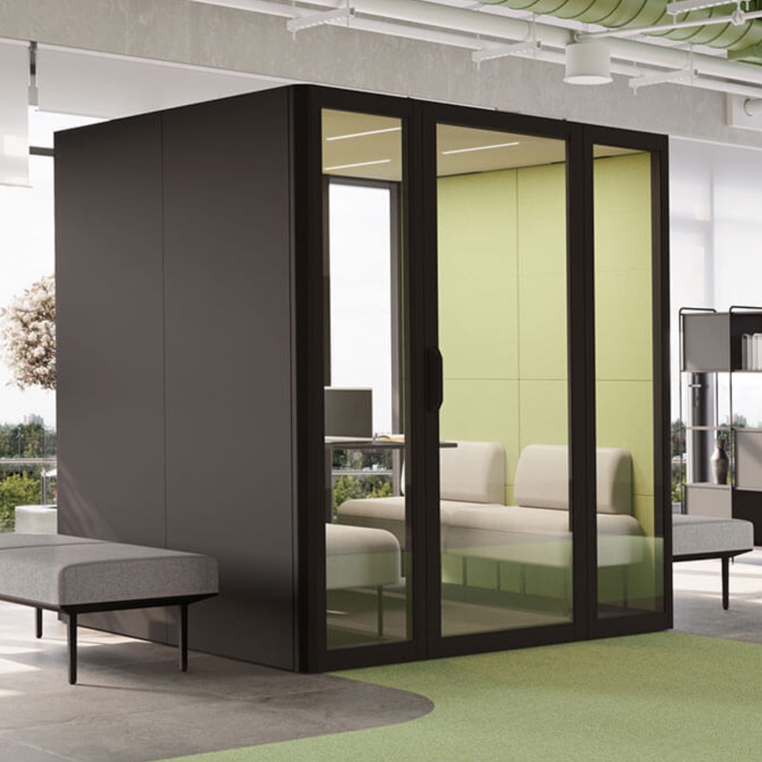 Designer Raumkabine für 4 Personen mit Sofa und Tisch