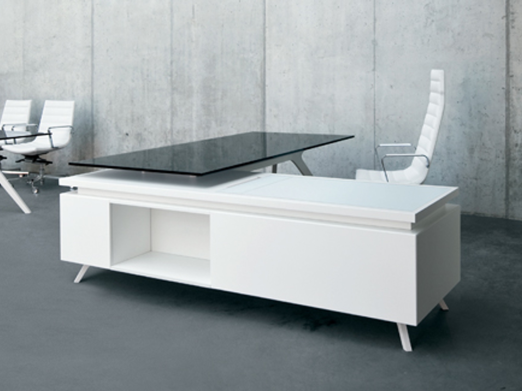 frezza DR Executive Schreibtisch mit Sideboard weiß und Glasplatte schwarz