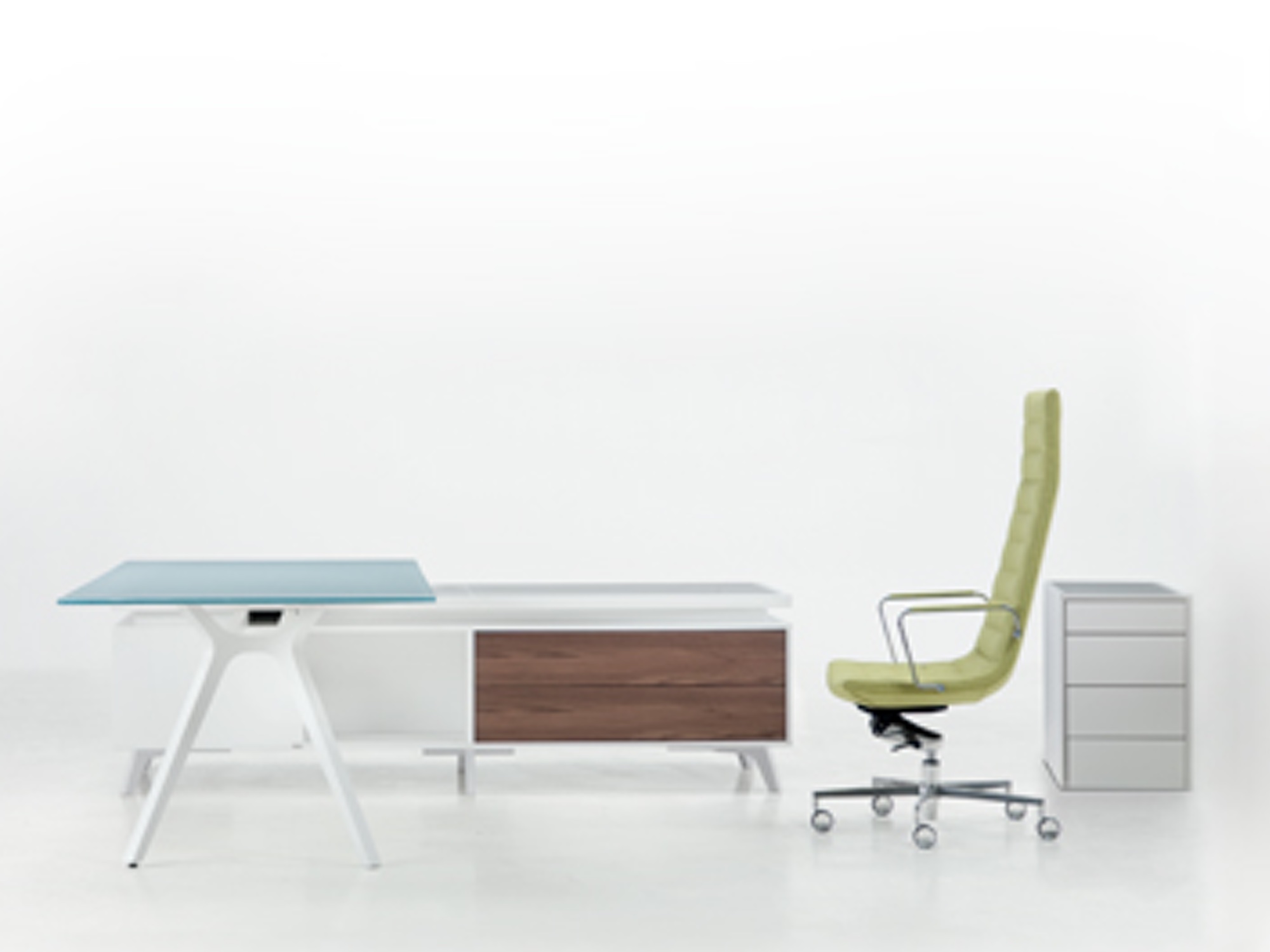 frezza DR Executive Schreibtisch mit Sideboard weiß/nussbaum und Glasplatte