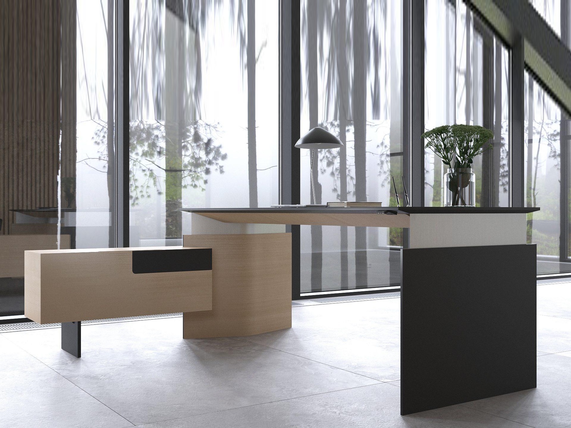 PlanaExecutive Steh-Sitzschreibtisch elektrisch höhenverstellbar mit Sideboard Fenix und Furnier