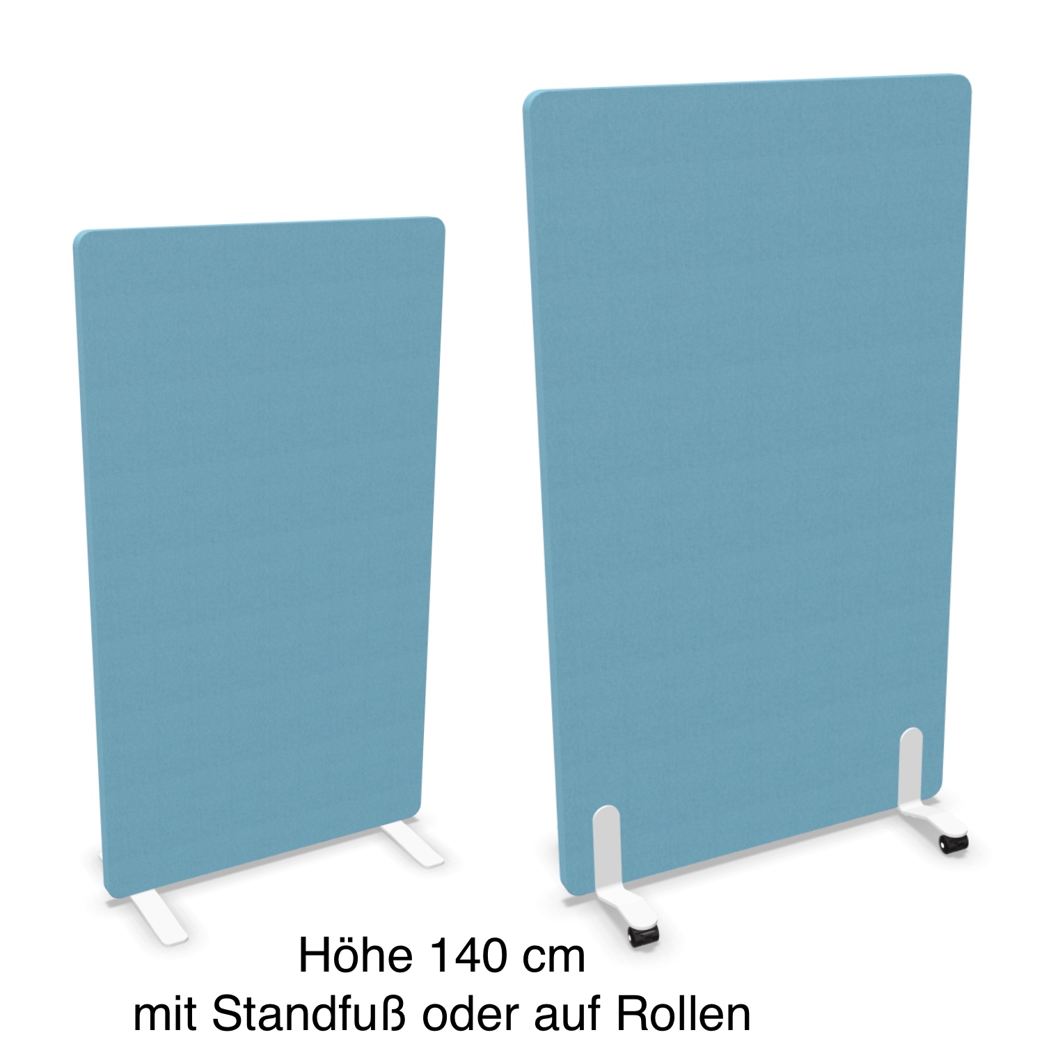 Vario Stellwand 140 cm auf Standfuß oder Rollen gepolstert in Stoff mit runden Ecken