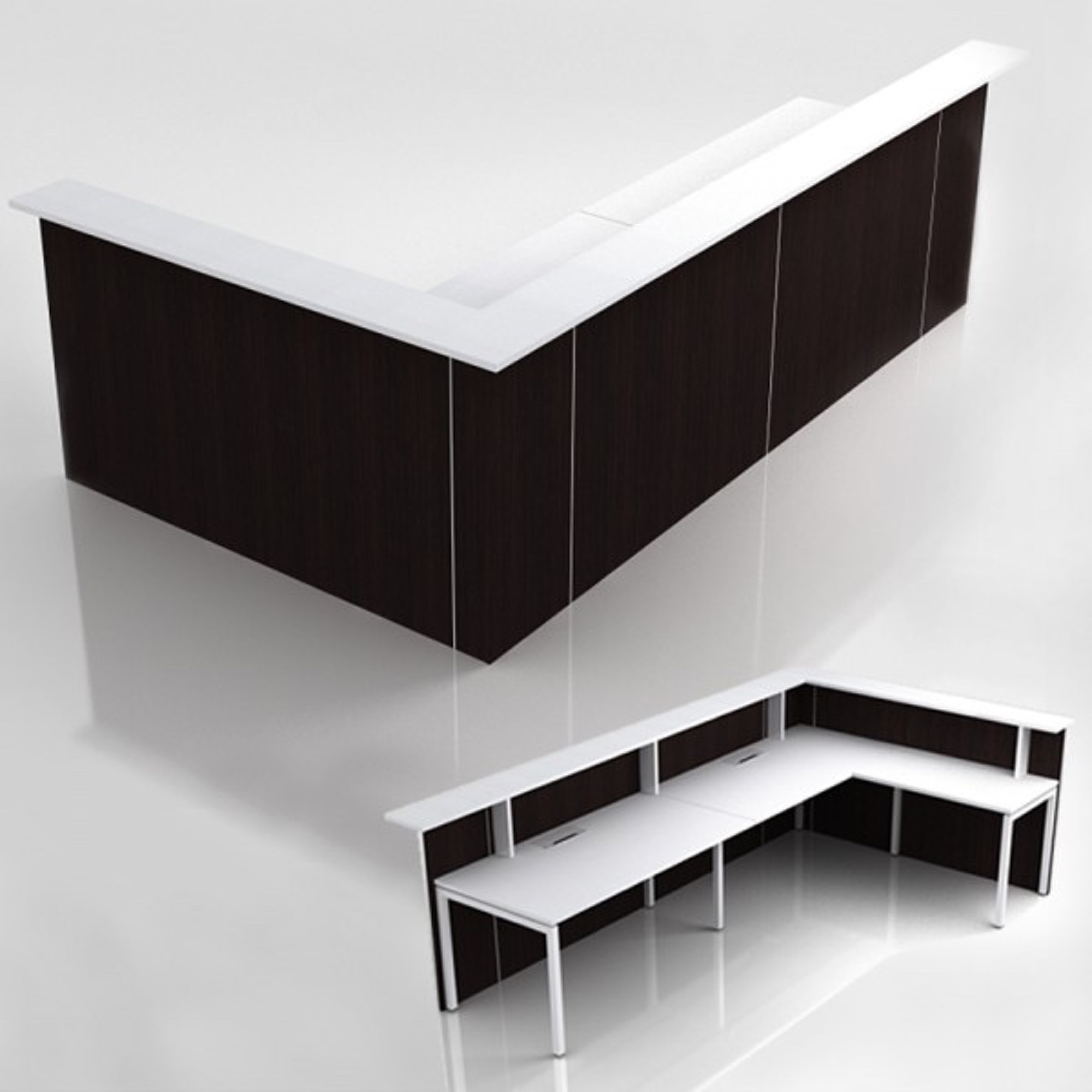 Empfangstheke FLEX 334x173,5 cm in Höhe 112,5 cm mit Ablage in L-Form