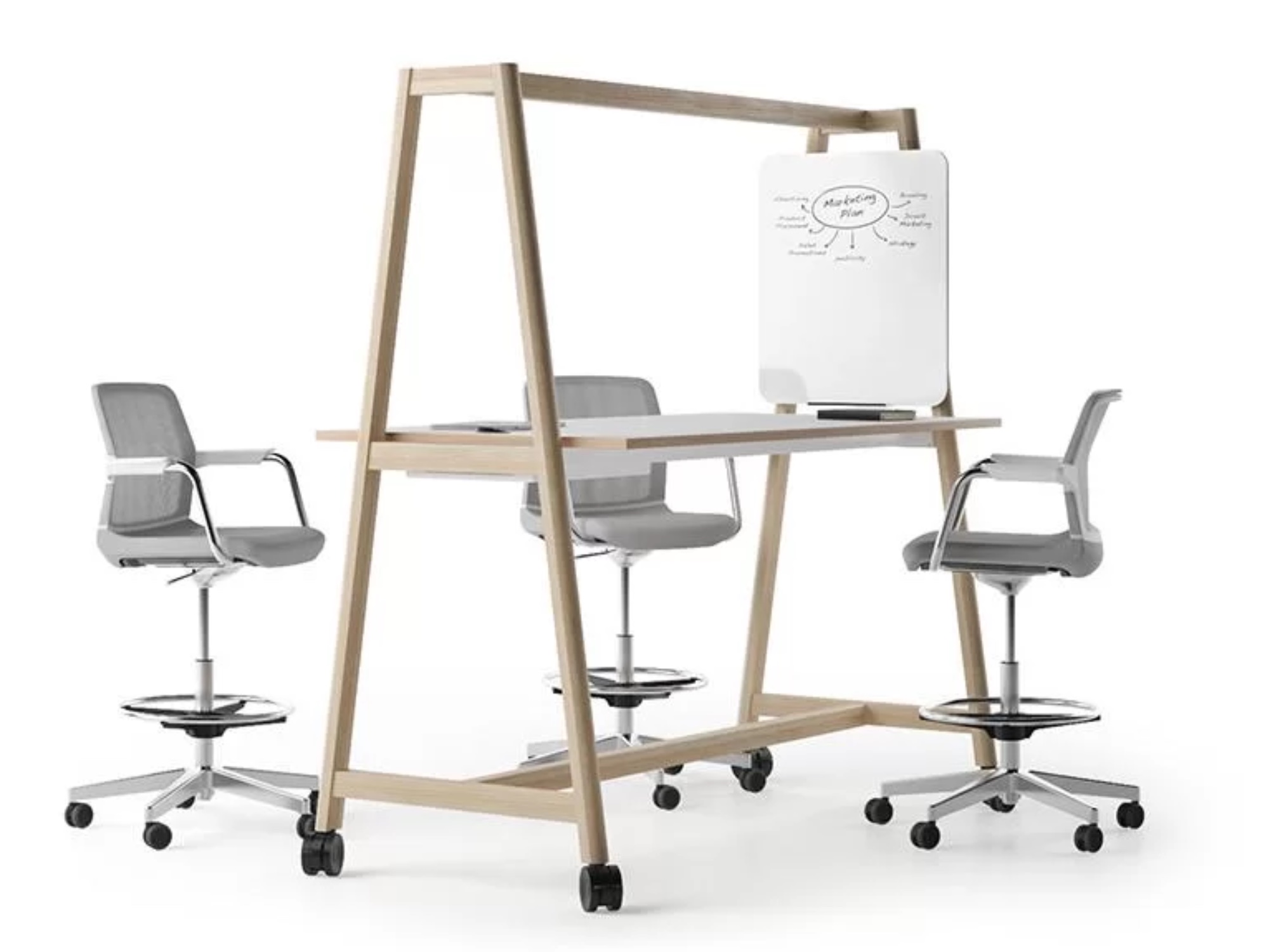 Hochtisch auf Rollen mit Whiteboard und Stange für Blumenampel